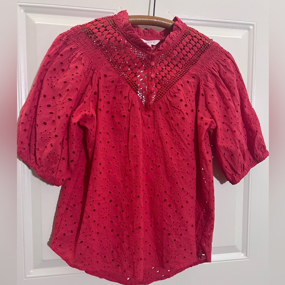 ADIVA Blouse Small Ruffle Crochet Eyelet Puff Short Sleeve Button Popover